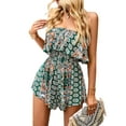 thumbnail image 3 of Seyurigaoka Women's Boho Romper Off Shoulder Elastic Waist Ruffle Shorts Jumpsuit Strapless Playsuit Flowy Beach Jumpsuit, 3 of 6