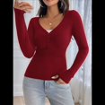 thumbnail image 4 of Camisa de Larga para Mujer, Cuello en V, Botones, Punto Acanalado, Corte Entallado, Informal, Básica, para y Otoño Vino Tinto L, 4 of 9