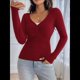 thumbnail image 4 of Camisa de Larga para Mujer, Cuello en V, Botones, Punto Acanalado, Corte Entallado, Informal, Básica, para y Otoño Vino Tinto XL, 4 of 9
