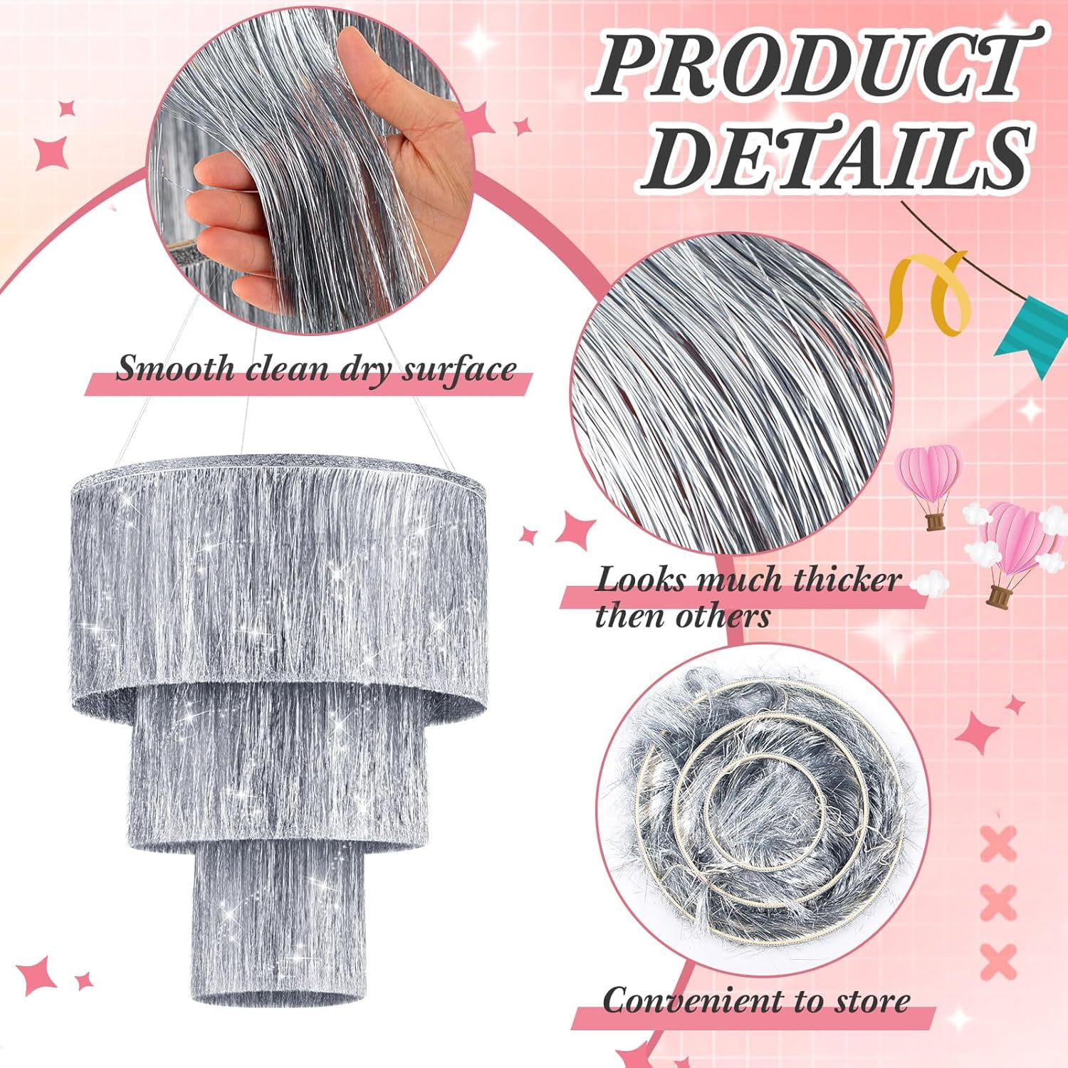 1Pcs 3-Tier Iridescent Silver Foil Fringe Tinsel Hanging Chandelier for Birthday Wedding Bachelorette Graduation New Year Baby Shower Party Backdrops Home Hotel Ceiling Shimmering Decorations