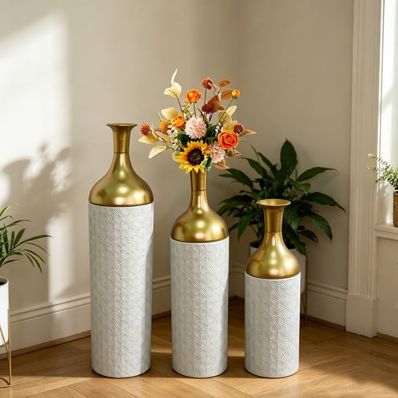 Leumius Decorative Metal Vases Set of 3, Gold Leaf Pattern Floor Vases, White & Gold Tall Vases for Home Decor, Living Room Entryway Decor