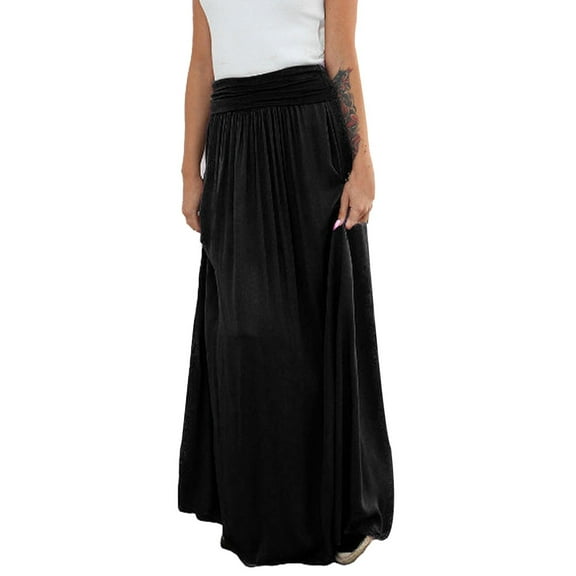 Aoochasliy Skirt Clothes Women's Casual Solid Vintage High Waist Shirring Maxi Long Skirt