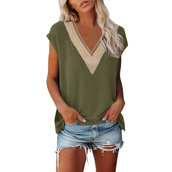 HXWCHs Women's Floral Lace V-Neck Cap Sleeve Loose Fit Summer top and Casual Shirt M Army Green