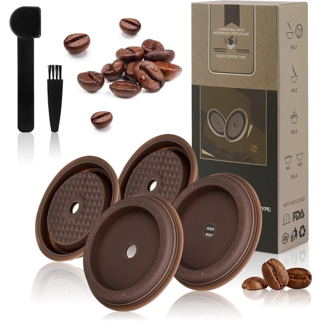 Reusable Coffee Capsule Lid Compatible with Nespresso Vertuo Pods and VertuoLine Capsules Coffee Filter Refillable Food Grade Silicone with Spoon and Brush - Pack of 4 (Brown)