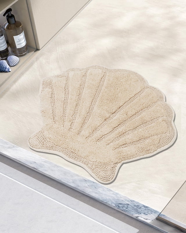 Better Trends Seashell Bath Rug, 100% Cotton Cute Beach Theme Bathroom Mat, Soft & Absorbent, Reversible, Washable Foot Mat, Sand Sea Decor for Kids & Home, 25" x 28" Marilyn Collection