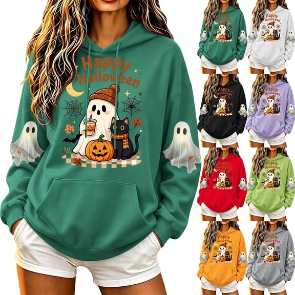 Jsaierl Womens Halloween Sweatshirts Plus Size Ghost Print Pullover Hoodies Stretch Loose Fit Long Sleeve Shirt Tops Halloween Clothes, Sizes S-2XL