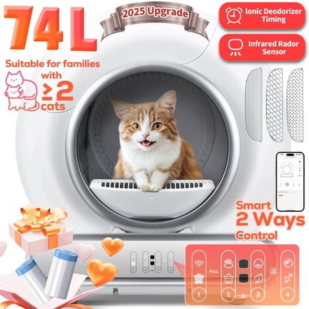 Self Cleaning Cat Litter Box, Automatic Cat Litter Box with APP Control, 65+9L Large Capacity, All-round Safety Protection, Fully Auto Cleaning, Support 2.4G WiFi Only, 2 Rolls Liner Gift