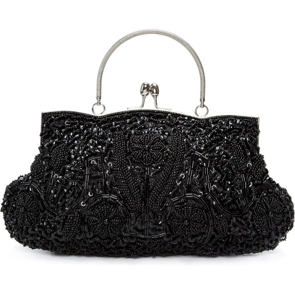 Women's Evening Bag Beaded Sequin Design Metal Frame Kissing Lock Satin Interior Evening Clutch