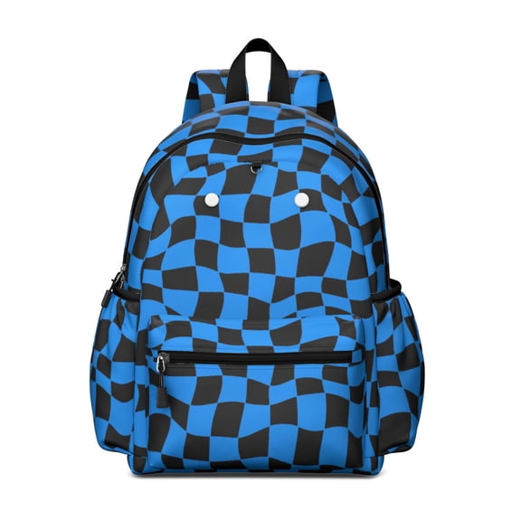 Blue and Black Wavy Checkered Pattern Backpack for School, Cute School Bag with Adjustable Shoulder Straps and Padded Back, 13.4"x11"x4.7"