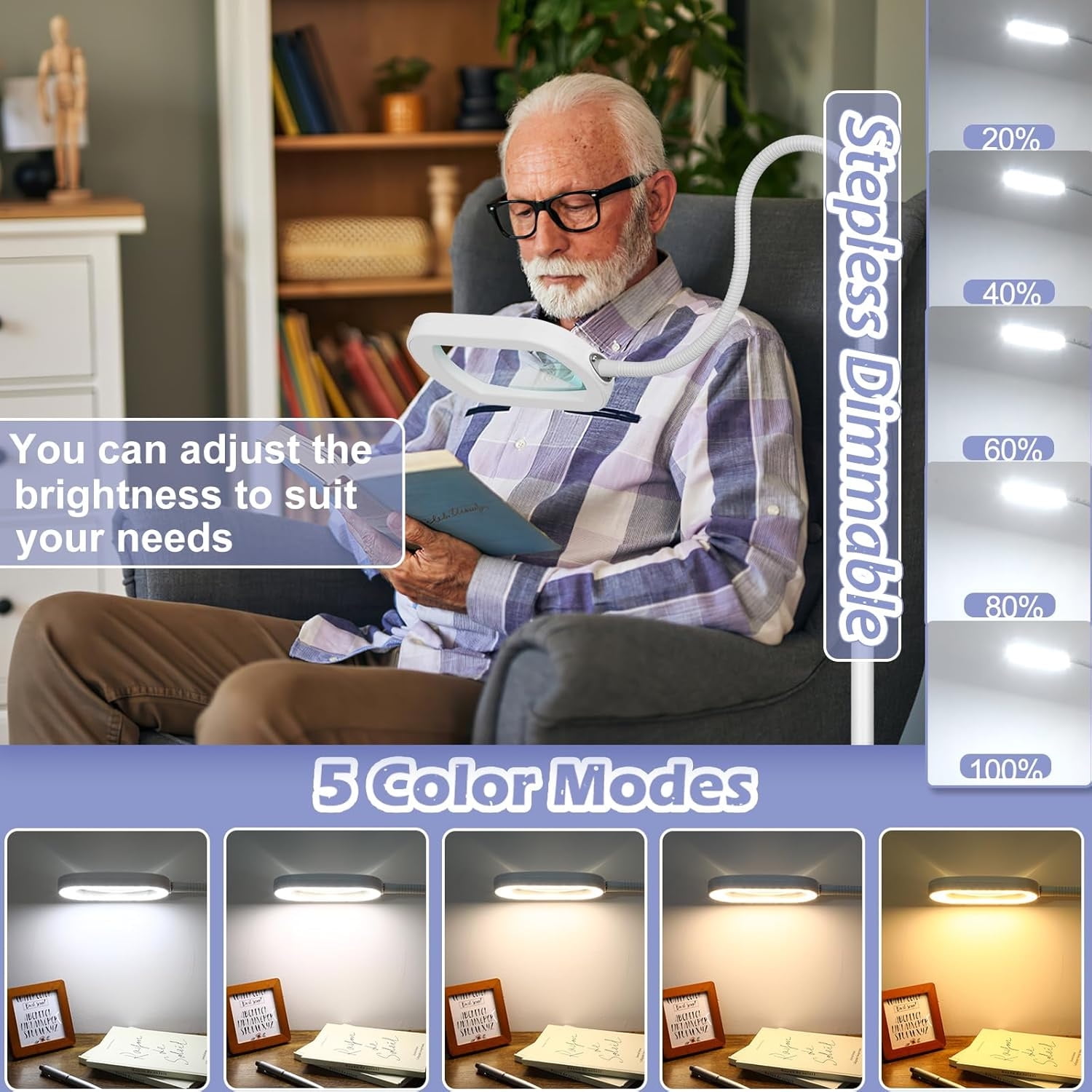 VISONHEART Rectangular Real Glass Magnifying Glass with Light and Stand, 24" Flexible Gooseneck Floor Lamp, 5 Color Modes Stepless Dimmable, 3-in-1 LED Lighted Magnifier Light for Reading Crafts
