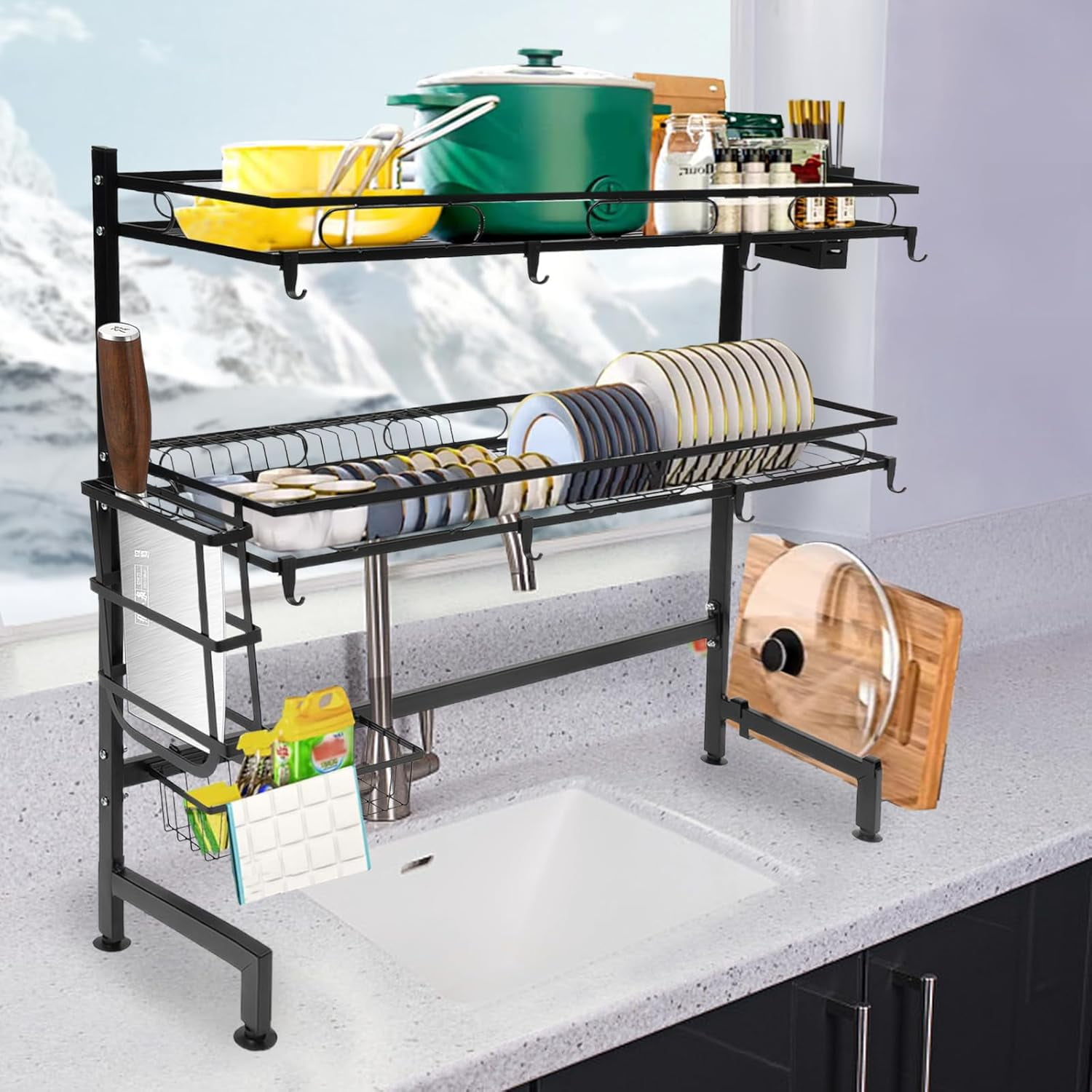 Over The Sink Dish Drying Rack 2-Tier Multifunctional Large Storage Kitchen Dish Rack for Storing Seasonings Dishes Chopsticks Cutting Boards (32.3in)