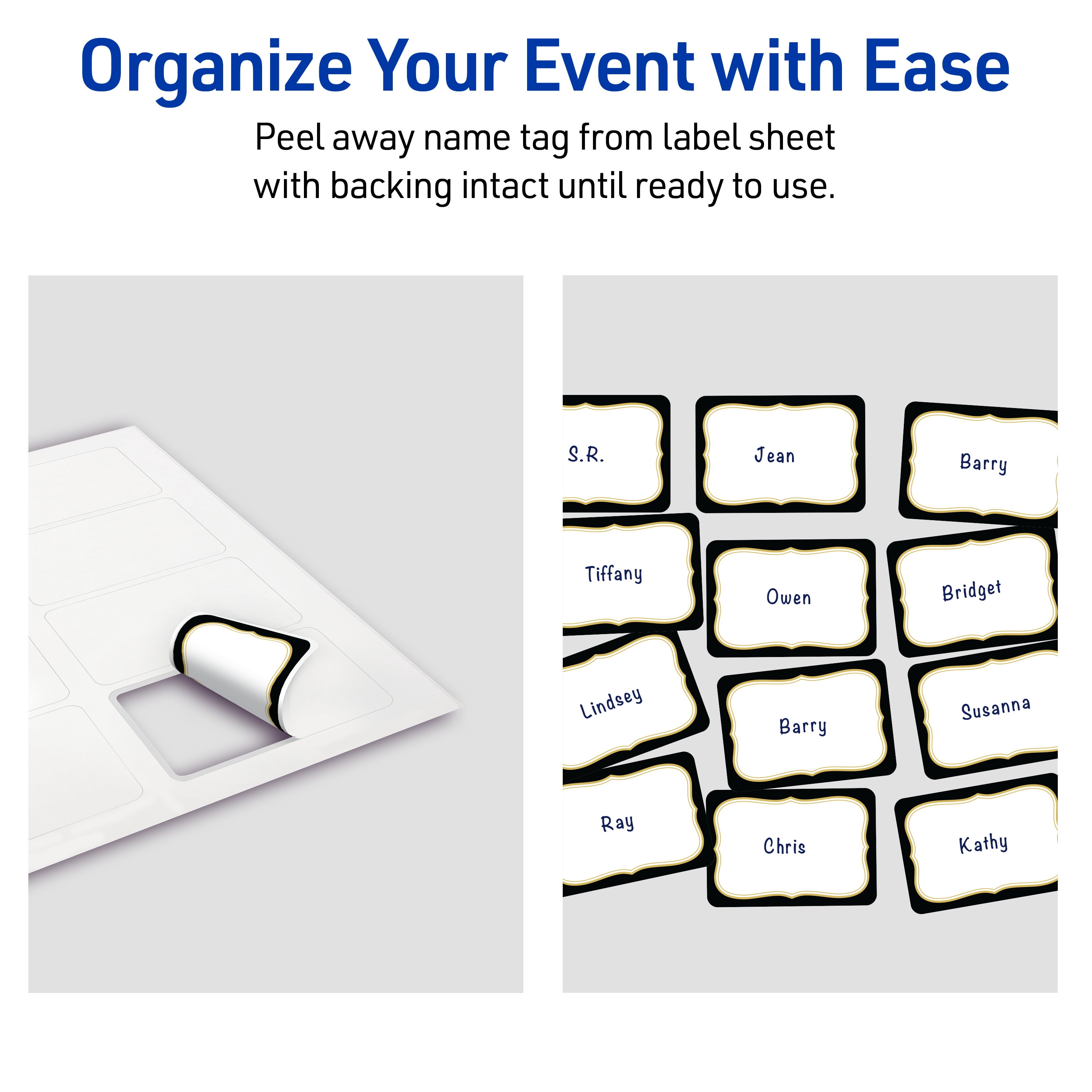 Avery Adhesive Name Tags, Matte White, Black/Gold Flourish