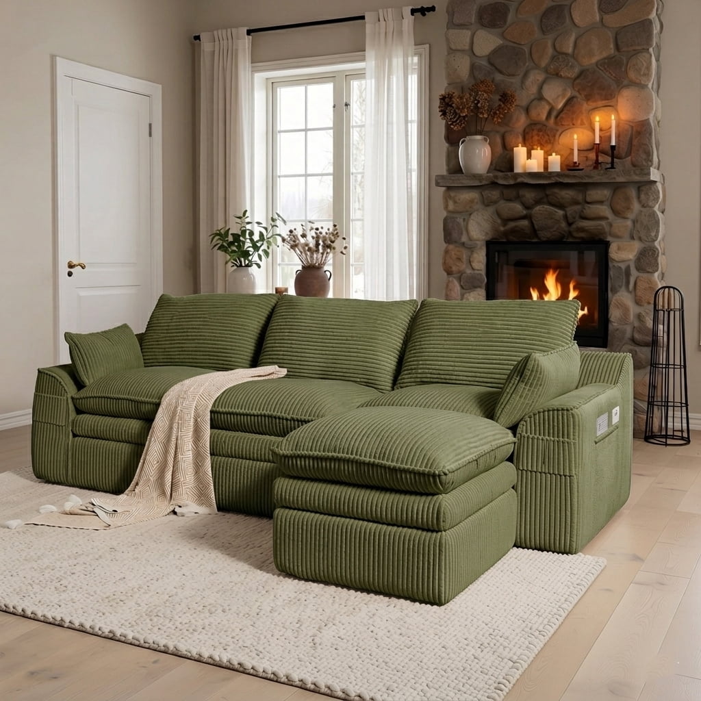 104" Modern Modular L-Shaped Sectional Cloud Sofa, Compressed Corduroy Floor Couch with Movable Ottoman