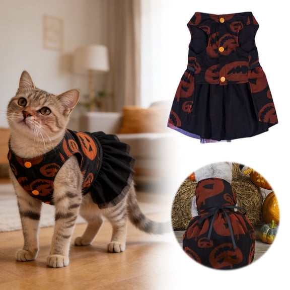 Cat Dress Holiday Small Dog Clothes Cat Dress Puppy Tulle Skirt Pet for Yorkie Teddy Chihuahua Clothes(Pumpkin, L(9-11lb))