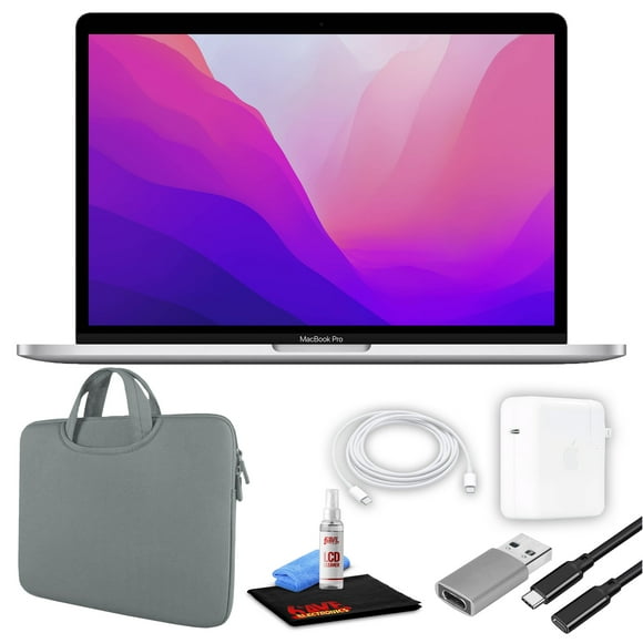 Apple MacBook Pro 13" Laptop (M2 Chip, 8-Core CPU, 8GB RAM) (Mid 2022, 256GB SSD, Silver) (MNEP3LL/A) Bundle with Gray Zipper Sleeve, USB-C Extension Cable, and Screen Cleaning Kit (Refurbished)