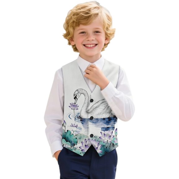 Uourmeti Single Breasted Boys Formal Waistcoat for Holiday Party Polyester V Neck Kids Dress Vest Waistcoat, Swan Pattern