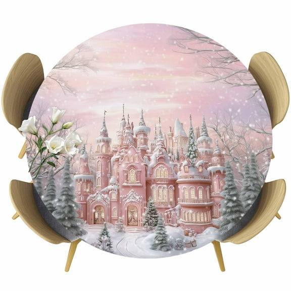 Pink Christmas Table Cloth, Round Fitted Tablecloths with Elastic Edge, Winter Town Snowflake Xmas Tree Wipeable Waterproof Table Cover for Kitchen Wedding 36-44 Inches