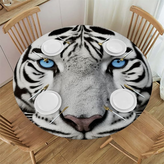 BCIIG White Tiger Round Table Cover Stain Resistant Washable Indoor Outdoor Tablecloth Kitchen Dining Wedding Parties Elastic Edge 100% Polyester Fiber 31-35