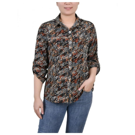 NY Collection Womens Petites Collar Three Quarter Sleeve Button-Down Top