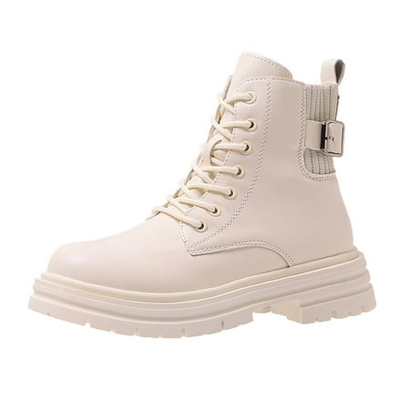 

Fashion Women Artificial Leather Solid Color Autumn Thick Sole Square Heels Lace Up Short Booties Round Toe Shoes