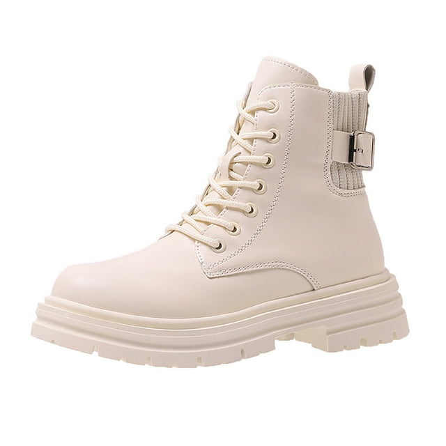 NECHOLOGY Botas Mujer Zapatos Botines de mujer Moda mujer cuero artificial Color sólido otoño suela gruesa tacones cuadrados con cordones botines cortos zapatos de punta redonda (White, 7.5)