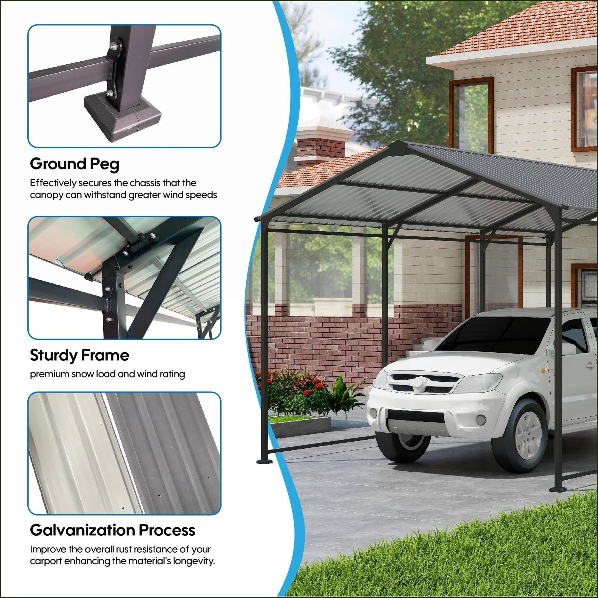 Carports 10×15 FT Heavy Duty Modern Industrial Outdoor Car Boat Storage, Slate Gray | Gray | Galvanized Steel