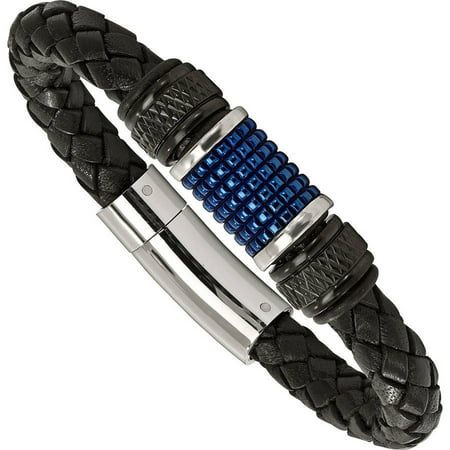 Primal Steel Stainless Steel Polished Black and Blue IP Black Rubber/Black Leather Bracelet