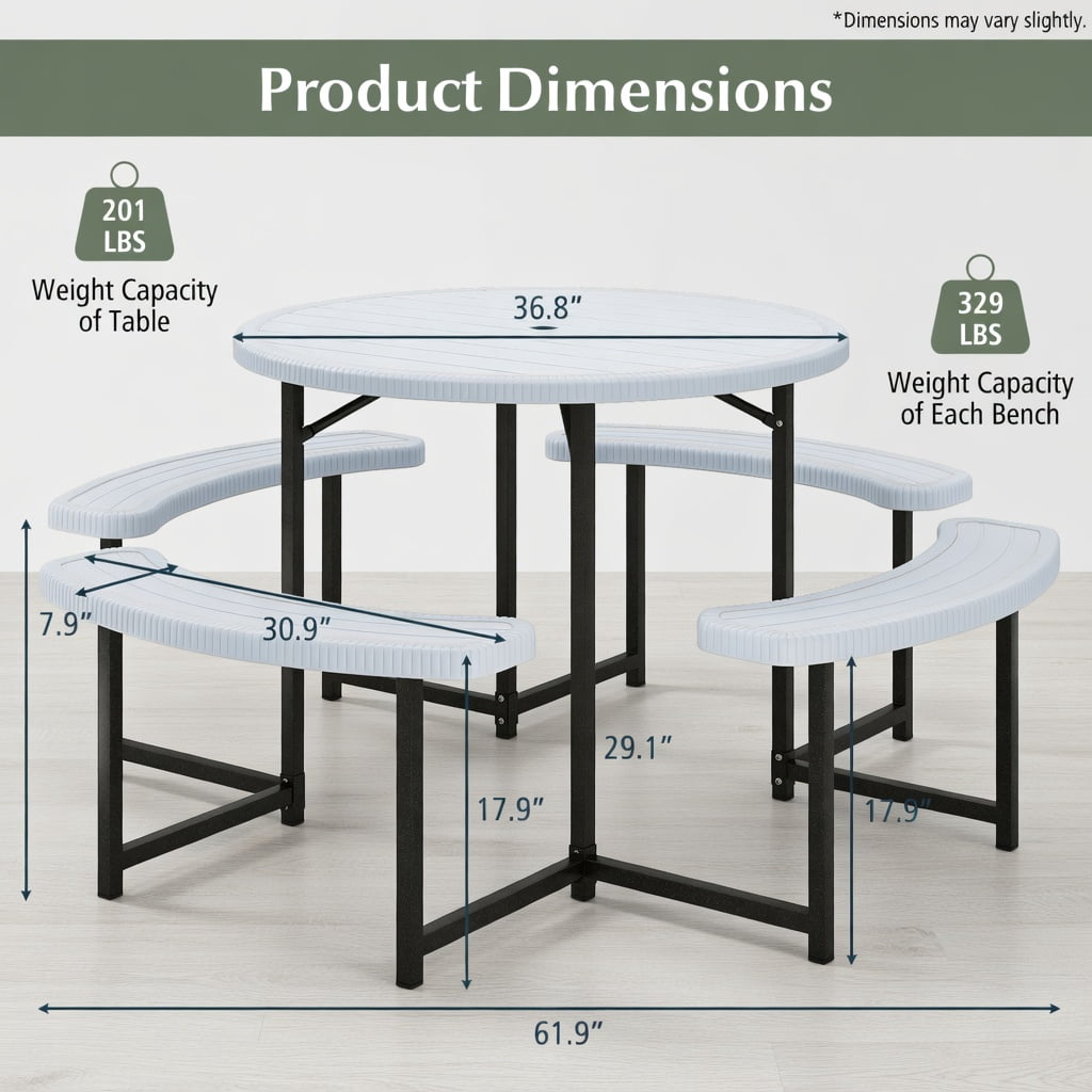Hommoo Round Outdoor Picnic Table Set with 4 Matching Benches & Umbrella Hole, Weather-Resistant HDPE Top, Heavy-Duty Metal Frame, White