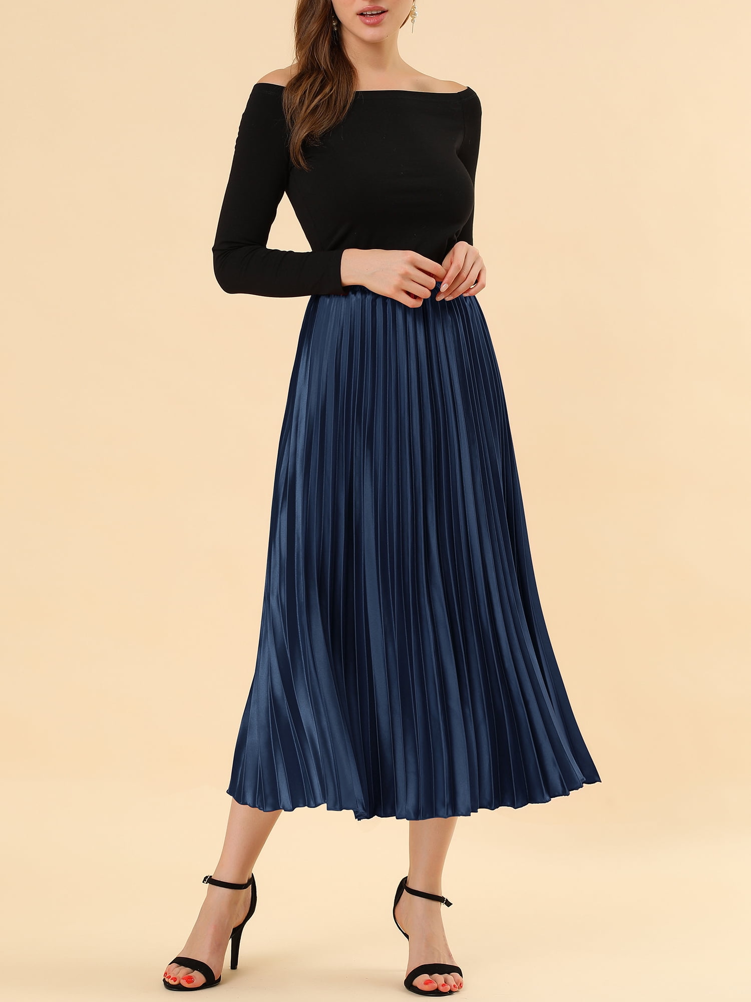 DARING DIVA Women's A-line High Waist Pleated Midi Skirt XL Dark Blue