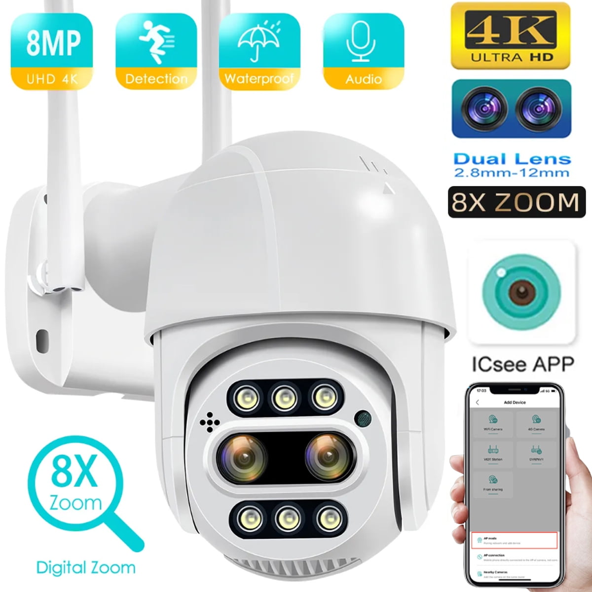 8MP 4K PTZ IP Camera 8x Zoom Dual-Lens CCTV Camera - Walmart.com