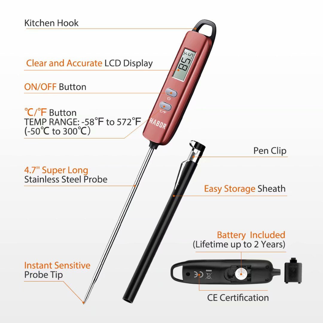 Habor 022 Meat Thermometer Candy Thermometer with Super Long Probe for Kitchen BBQ Grill Smoker Meat Oil Milk Yogurt Temperature Instant Read Thermometer Digital Cooking Thermometer 