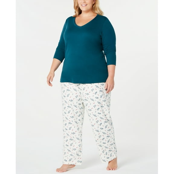 Charter Club Womens Plus Size Lace-trim Top & Printed Pants Pajama Set Size 2X