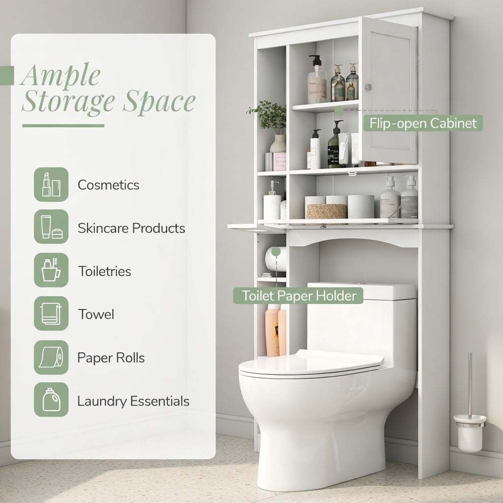 Hommoo Over the Toilet Storage Cabinet with Adjustable Shelf & Bottom Bar, Modern Bathroom Organizer for Small Spaces, White