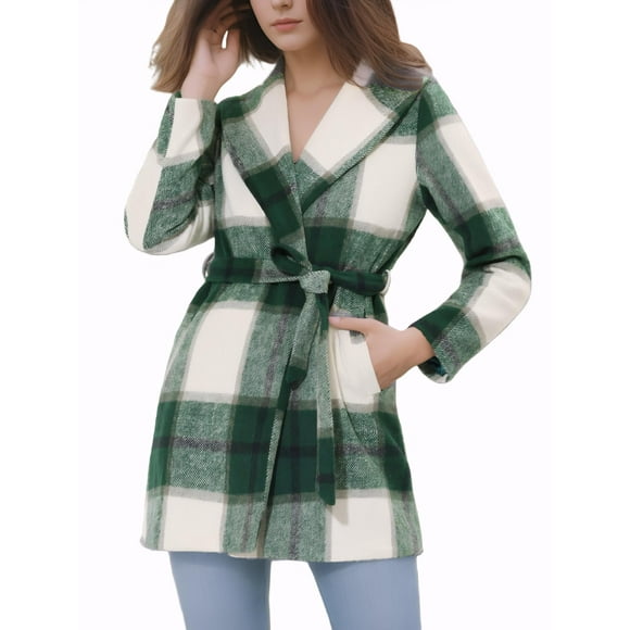 INSPIRE CHIC Women's Plaid Shawl Collar Belted Wrap Winter Coat S Green