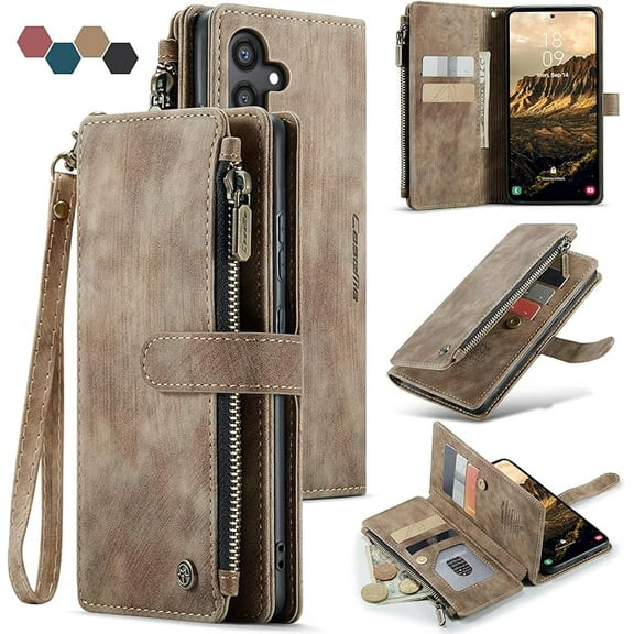 Samsung Galaxy S24 5G Wallet Case with Card Holder Kickstand Magnetic Zipper Pocket Lanyard Strap Wristlet,Leather Flip Case Wallet for Samsung Galaxy S24 5G 6.2 Inch