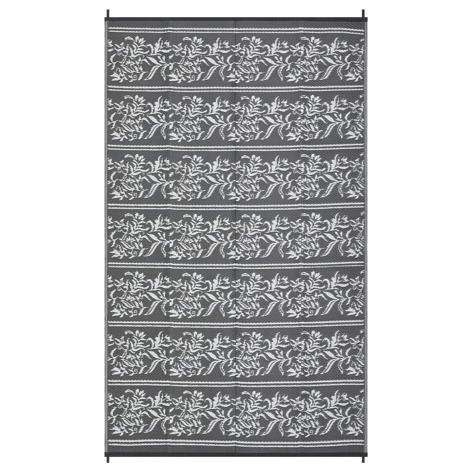Nanan 9'x18' Outdoor Patio Rug Waterproof Reversible Outdoor Rug Portable Foldable Floral Mat for Camping Balcony Backyard RV Picnic, Gray White