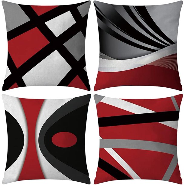 4 Uds. Fundas de almohada decorativas modernas con rayas rojas abstractas, gris, negro y blanco, fundas de almohada cuadradas para decoración del hogar 45
