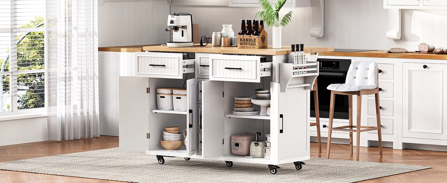 56.5'' Kitchen Island with Drop Leaf, Power Outlet, Embossed Vertical Stripe Rolling Kitchen Cart on Wheels with 4 Doors , 5 Deep Drawers and Adjustable Shelves, for Kitchen, Dining Room, White