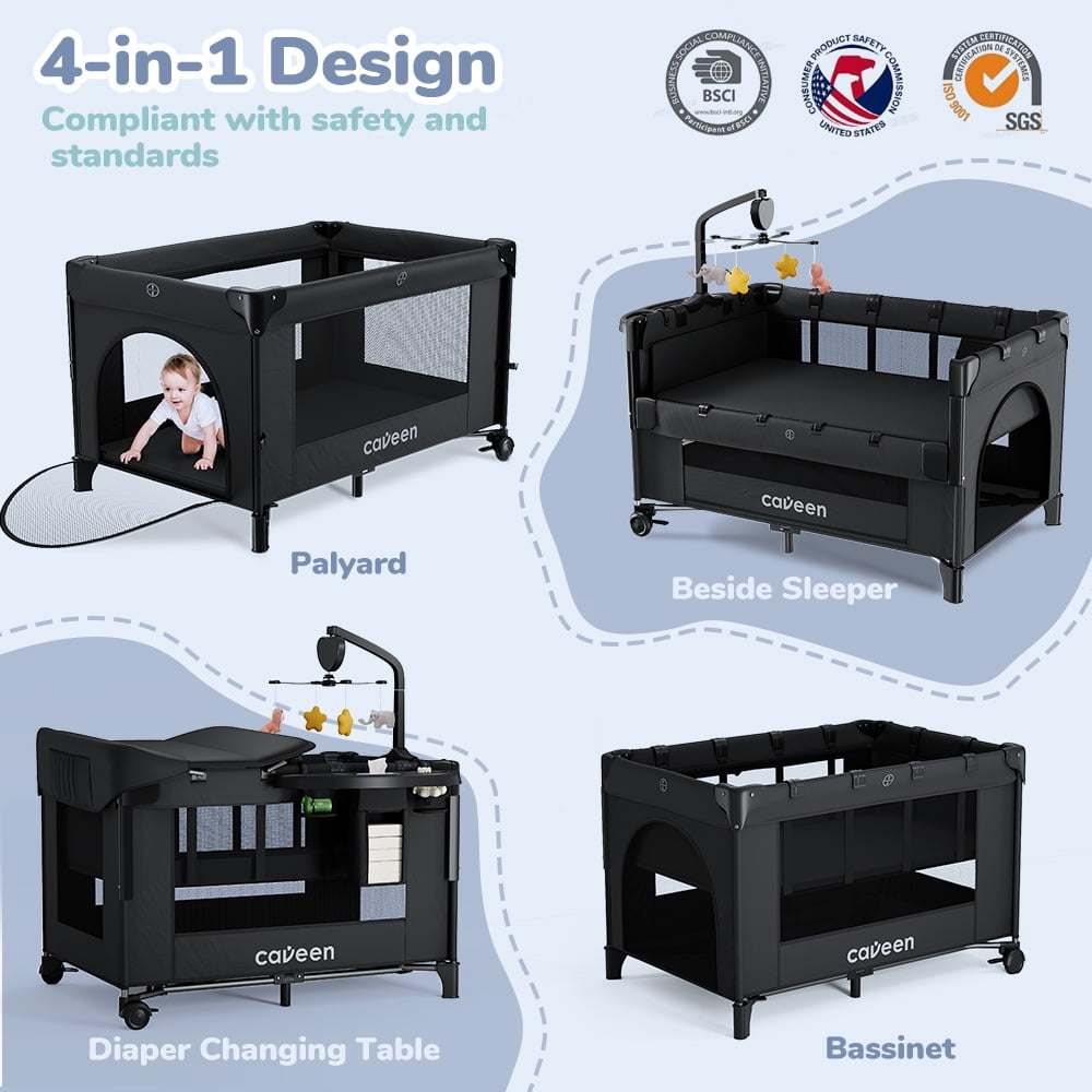 Baby Bassinet, Caveen 5 in 1 Baby Playard with Bassinet, Portable Baby Crib, with Removable Changing Station & Storage Organizer, Black