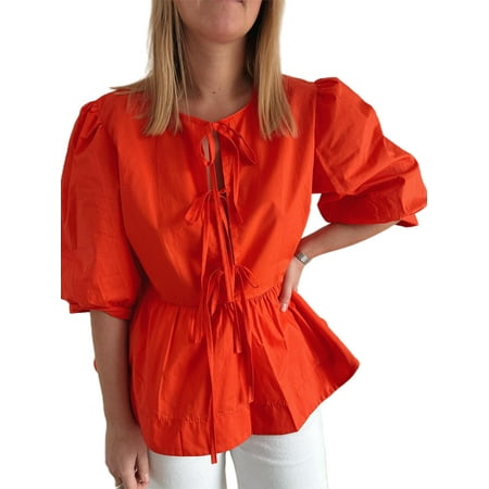ZIYIXIN Women Puff Short Sleeve Peplum Shirts Y2k Lace Up Tie Front Ruffle Hem Loose Blouse Dressy Casual Babydoll Tops