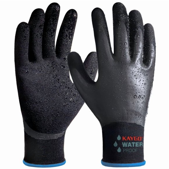 KAYGO Waterproof Work Gloves for Men and Women, Rubber Coated Non-slip Working Gloves for Garden, Outdoor Construction, KG150, Black, M