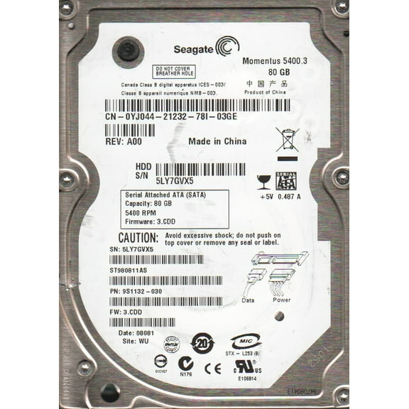 ST980811AS, 5LY, WU, PN 9S1132-030, FW 3.CDD, Seagate 80GB SATA 2.5 Hard Drive