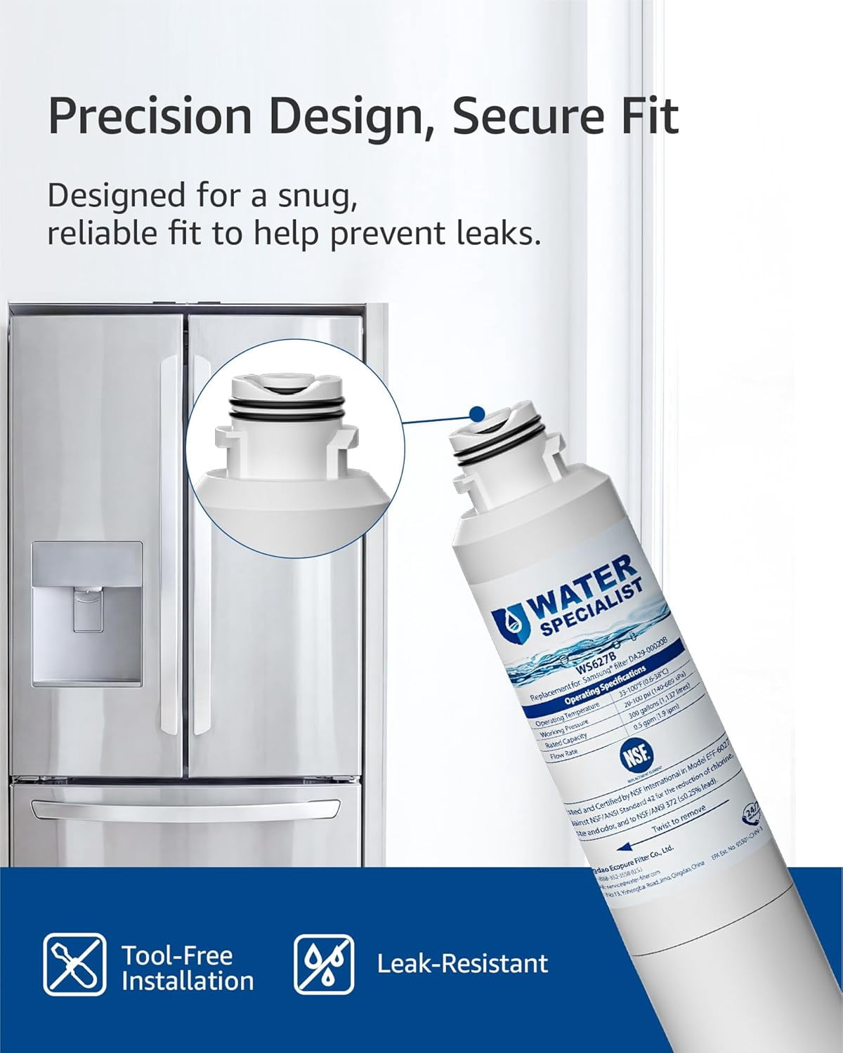 Waterspecialist F27 Refrigerator Water Filter Replacement for Samsung® DA29-00020B, HAF-CIN, RS25J500DSR, RF28HMEDBSR, HAF-CIN/EXP, RF4287HARS, RF28HFEDBSR, 8 Pack