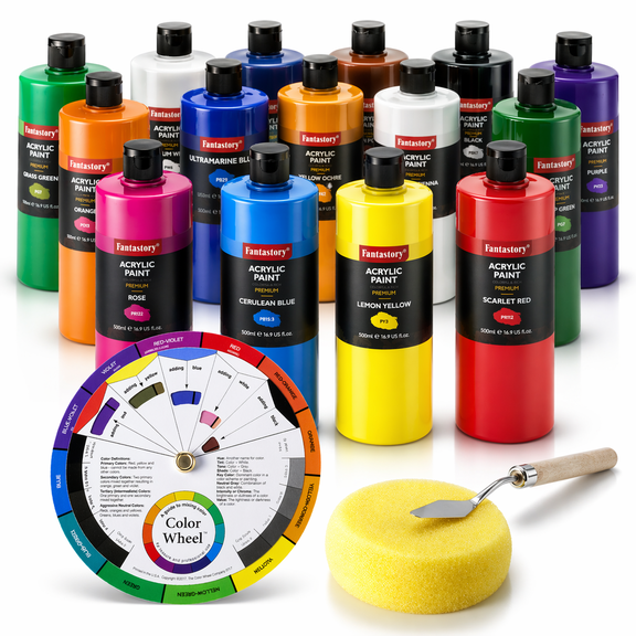 Fantastory 15 Colors Large Acrylic Paint Set (16.9 oz,500 ml) , Art Painting Supplies with Color Wheel