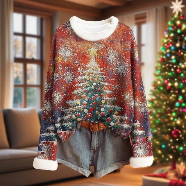 MHFRRA Camiseta de Manga Larga con Cuello Redondo y Estampado Festivo para Fiestas de Temporada, Ropa Informal Cómoda. Sandía Roja