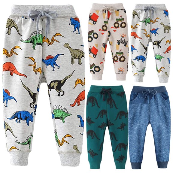Dakiuu Boys Cartoon Dinosaur Print Cuffed Jogger Sweatpants Little Toddler Kids Drawstring Elastic Waist Jogging Pants Soft Casual Daily Outdoor Bottoms
