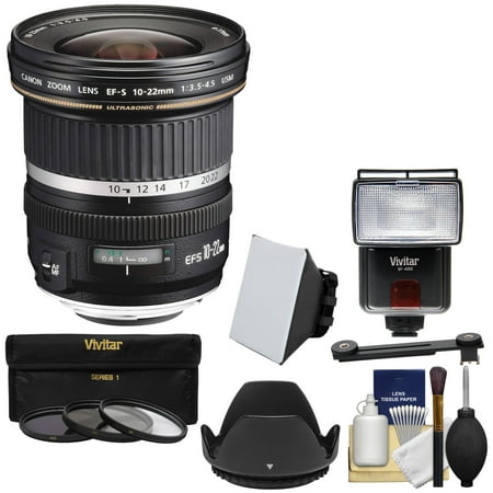 Canon EF-S 10-22mm f/3.5-4.5 USM Ultra Wide Angle Zoom Lens + Flash + 3 Filters + Diffusers + Hood Kit for EOS 70D, 7D, Rebel T5, T5i, T6i, T6s, SL1