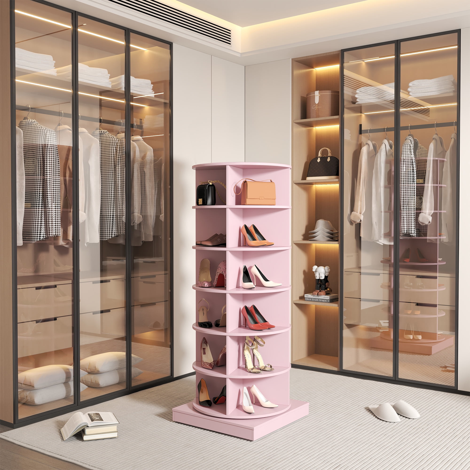 Aukfa 6-Tier Rotating Shoe Rack Storage, 360° Spinning Shoe Organizer Closet, Pink