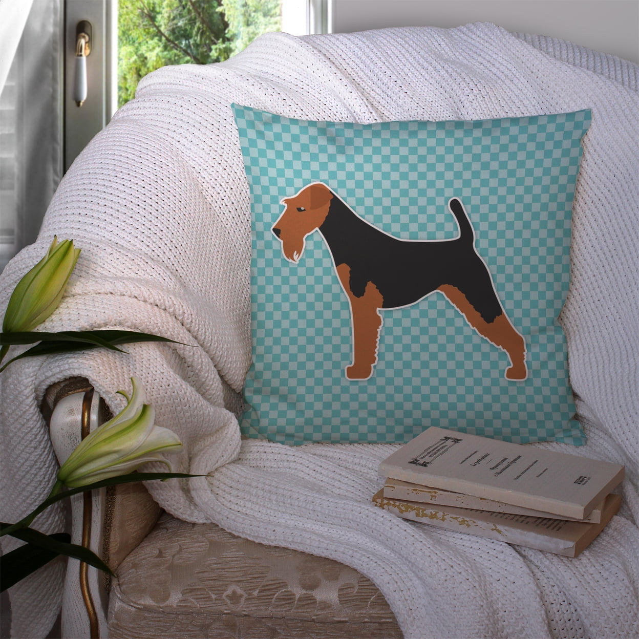 Welsh Terrier Checkerboard Blue Fabric Decorative Pillow
