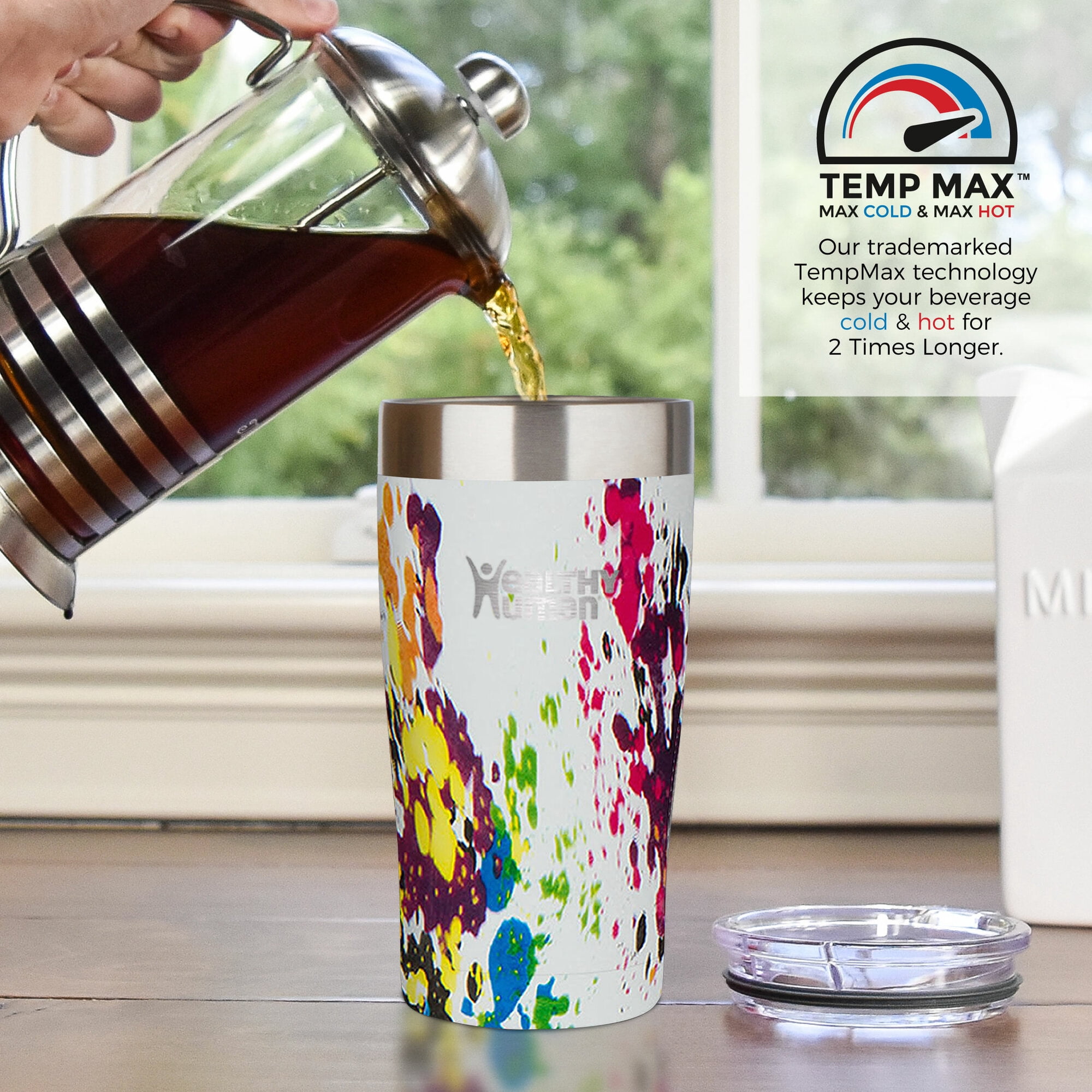 Healthy Human Stainless Steel Tumbler with Straw & Lid | Splash Proof Insulated Travel Cup | Eco-Friendly Coffee Tumblers | Water Cups with Straws Cleaner and Splash Proof Lids (20oz, Art Deco)